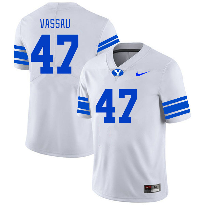 Men #47 Kyle Vassau BYU Cougars College Football Jerseys Stitched-White - Click Image to Close